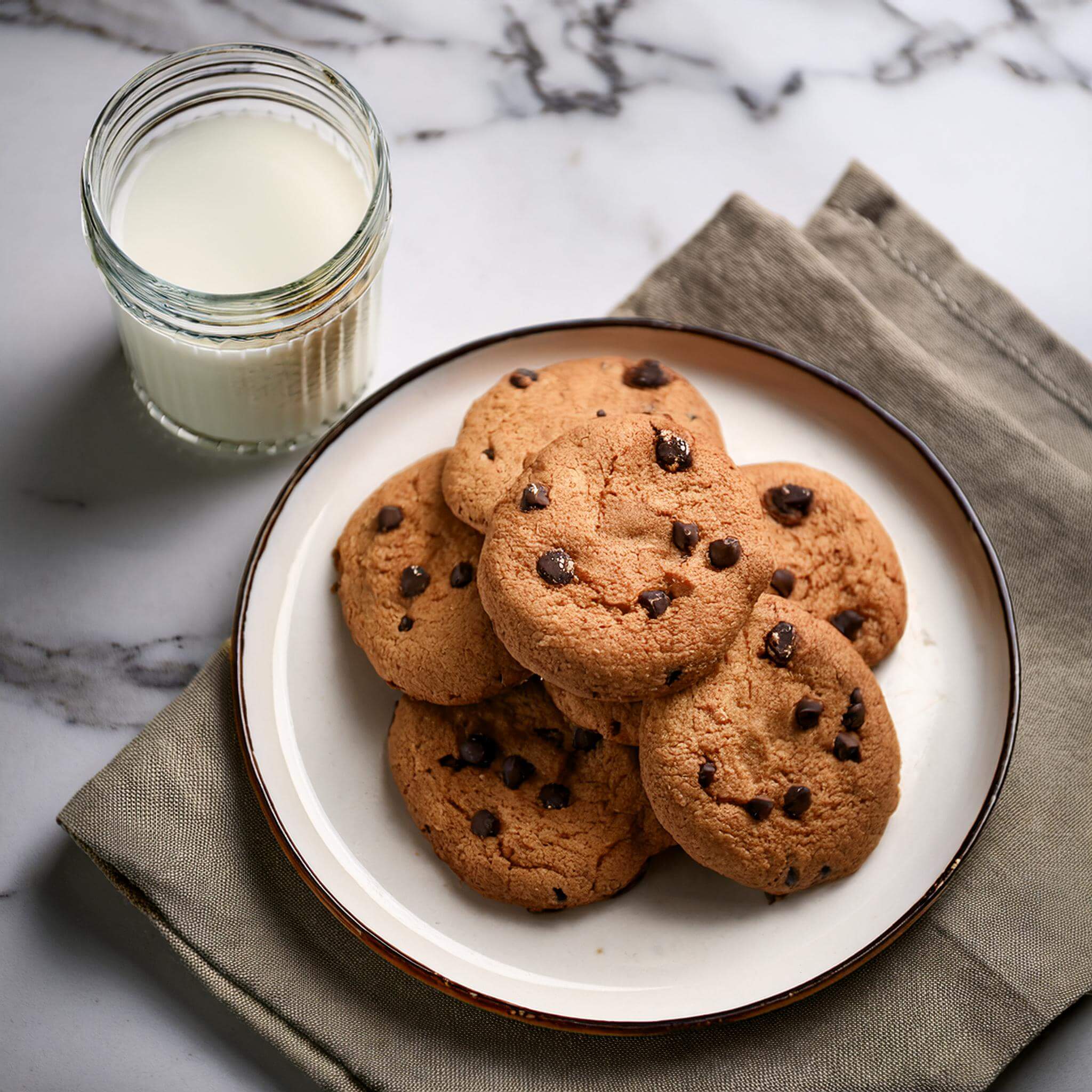 Chocolate chip cookies on a plate next to a glass of milk.