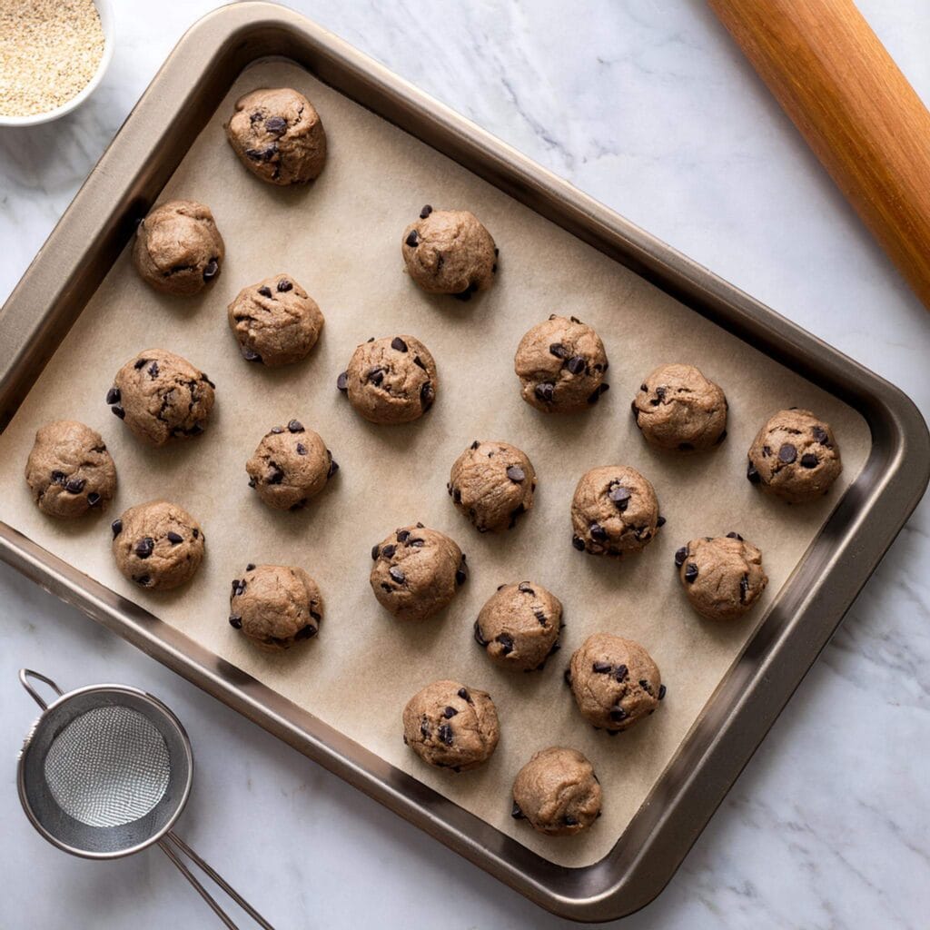 Raw chocolate chip cookie dough balls lined up on a baking tray.