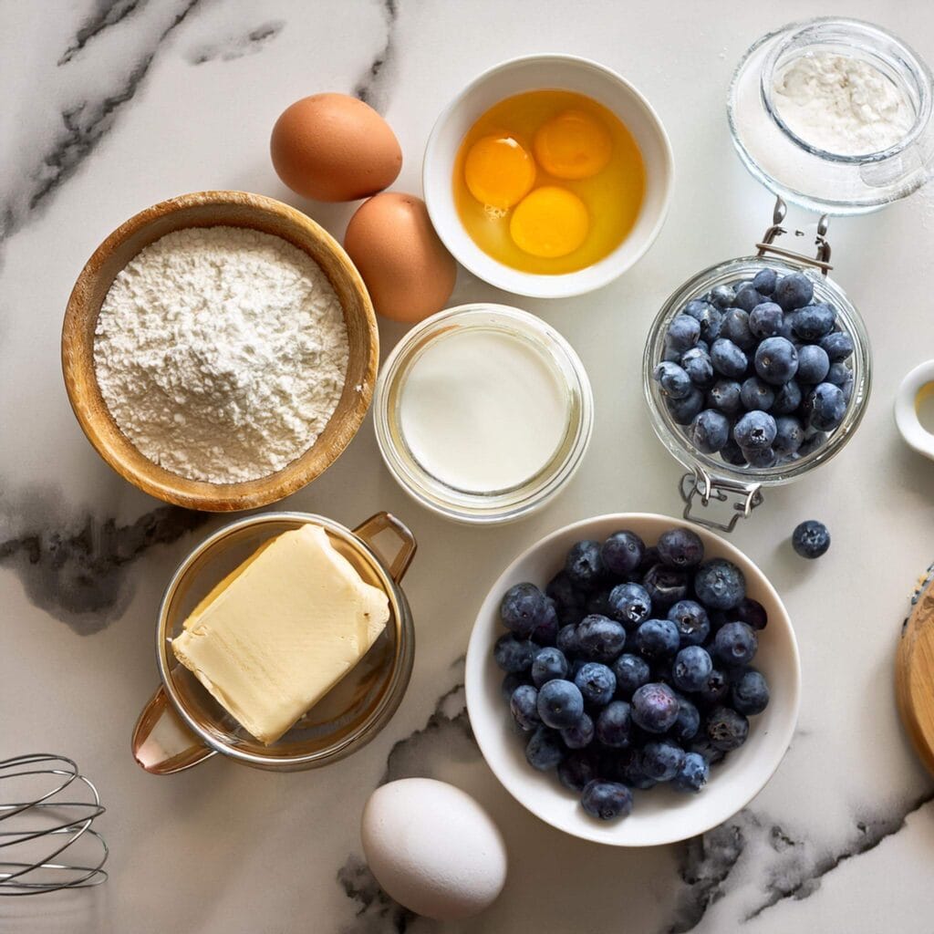 Ingredients for Blueberry Buttermilk Pancakes laid out on a white marble surface.