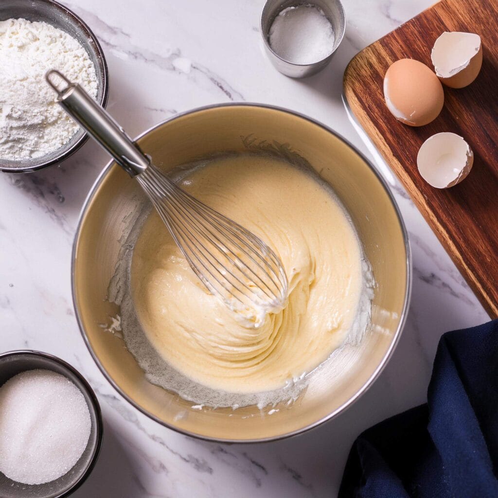 Whisking smooth cookie batter in a mixing bowl with eggshells nearby.