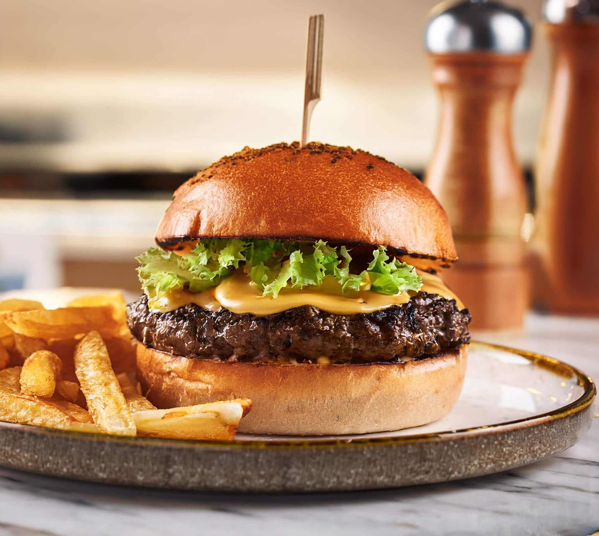 Finished smoky chipotle burger served with fries and chipotle mayo.