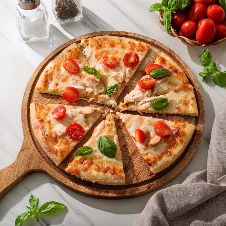 Sliced chicken pizza served with fresh basil and cherry tomatoes.