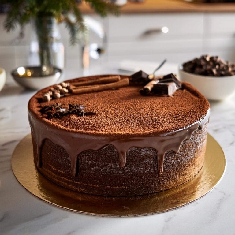 Frosted chocolate spice cake with ganache and cinnamon garnish.