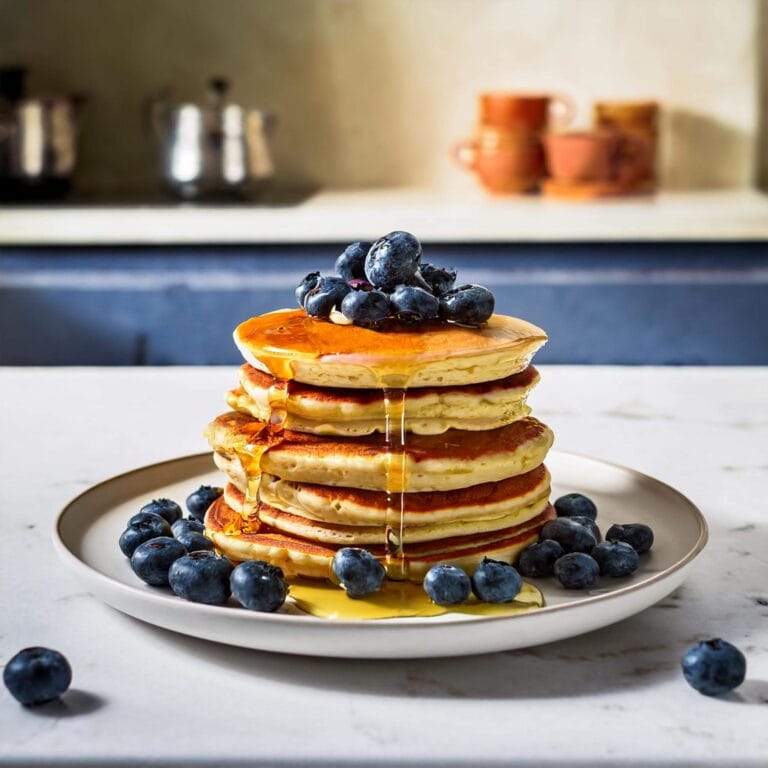 Blueberry Buttermilk Pancakes garnished with syrup and powdered sugar.