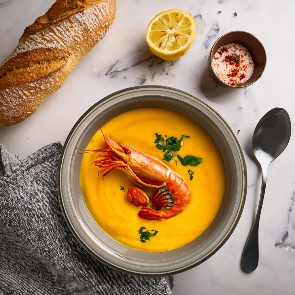 Served lobster bisque garnished with cream, saffron, and herbs on a white marble surface 2