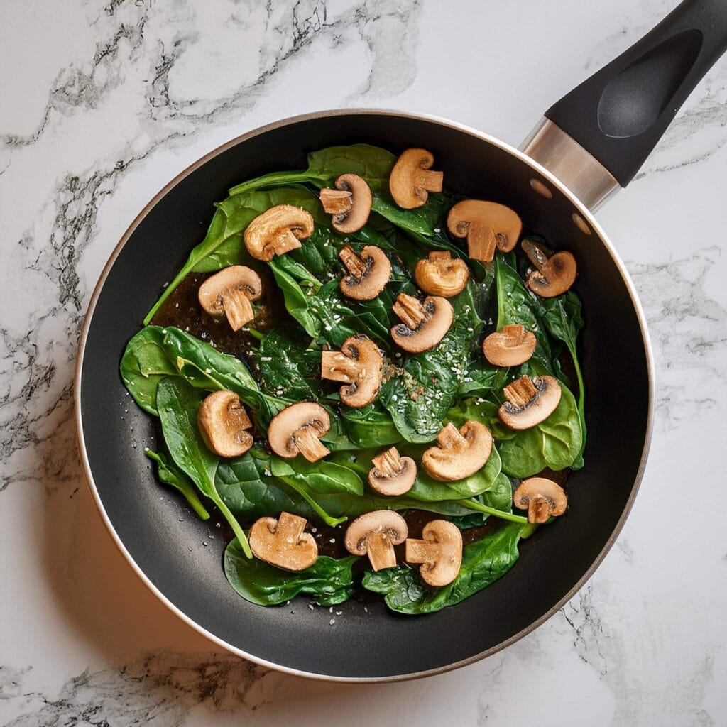 Mushrooms, garlic, and spinach sautéing in a skillet.
