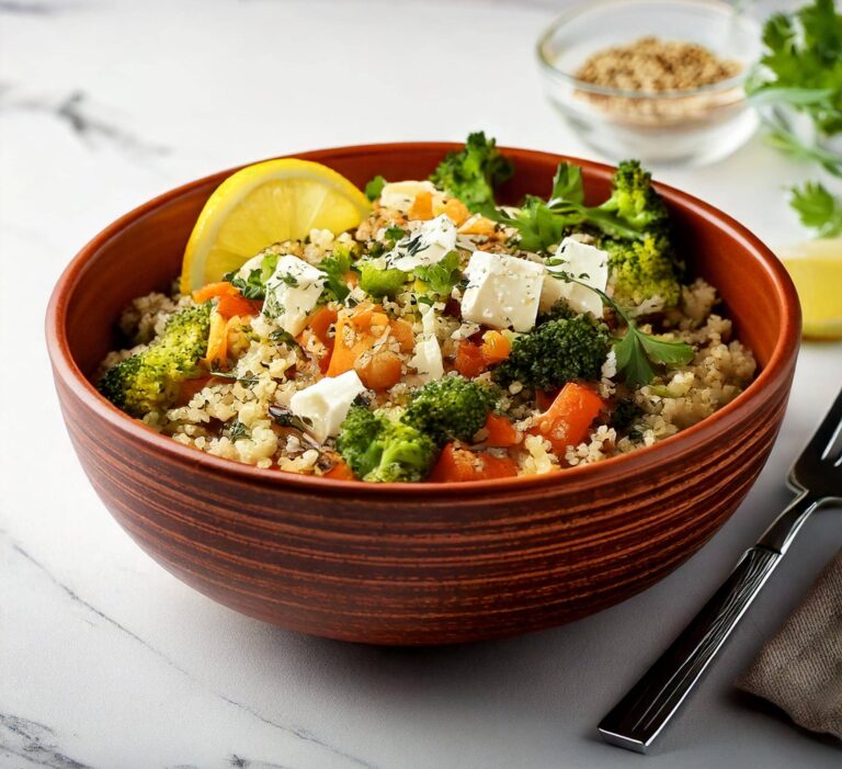 Final presentation of a Mediterranean Quinoa Power Bowl garnished with parsley.