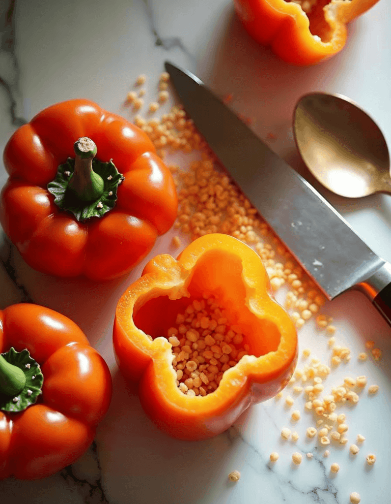 Hollowing out bell peppers for stuffing.