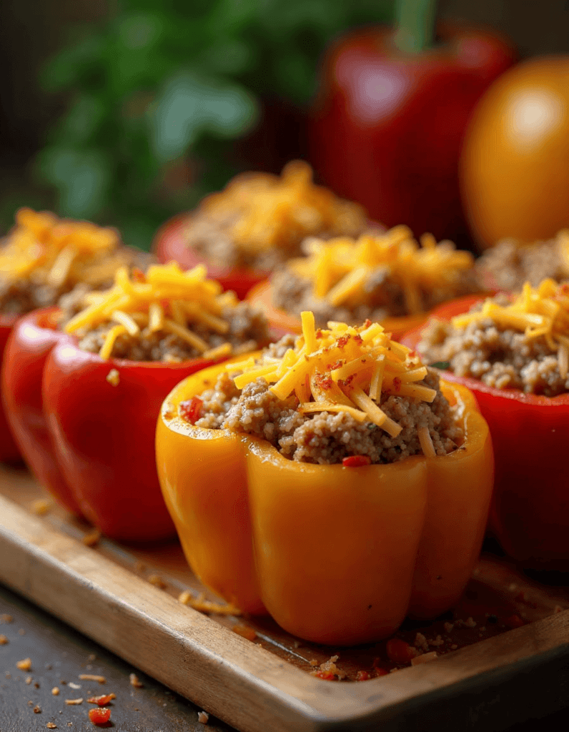 Bell peppers stuffed with a savory filling and topped with shredded cheese, ready to be baked.