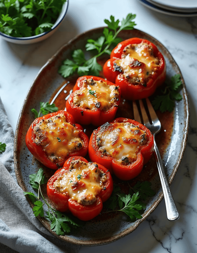 Baked bell peppers with golden-brown melted cheese on a ceramic serving platter.