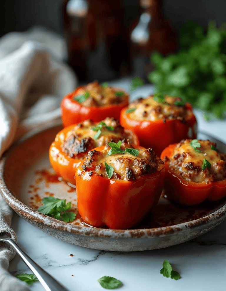 Close-up of stuffed bell peppers garnished with herbs, served on a rustic ceramic plate.