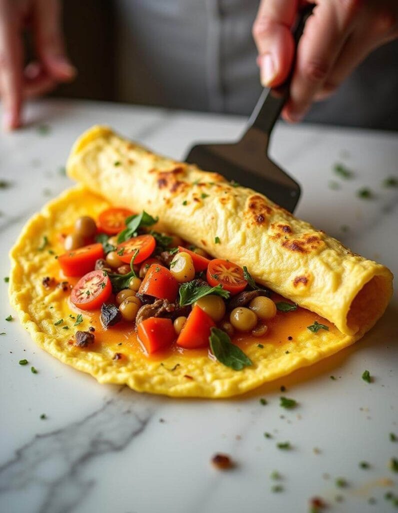 Rolling a veggie omelette on a white marble countertop.