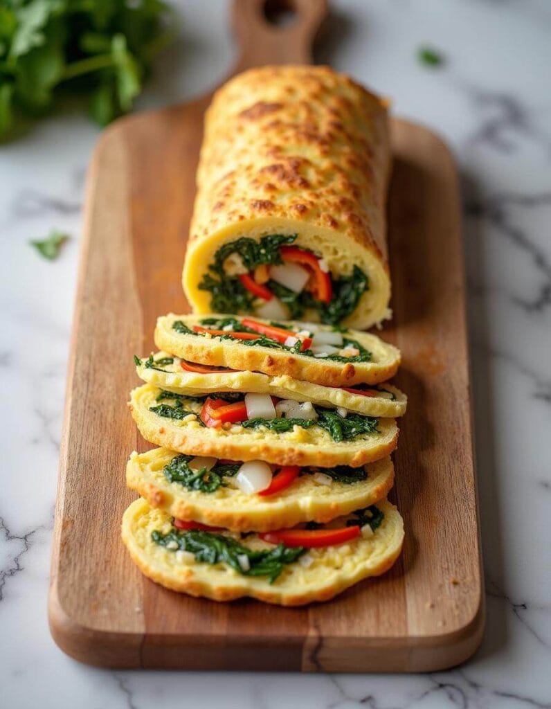 Slicing a veggie omelette roll on a wooden cutting board.