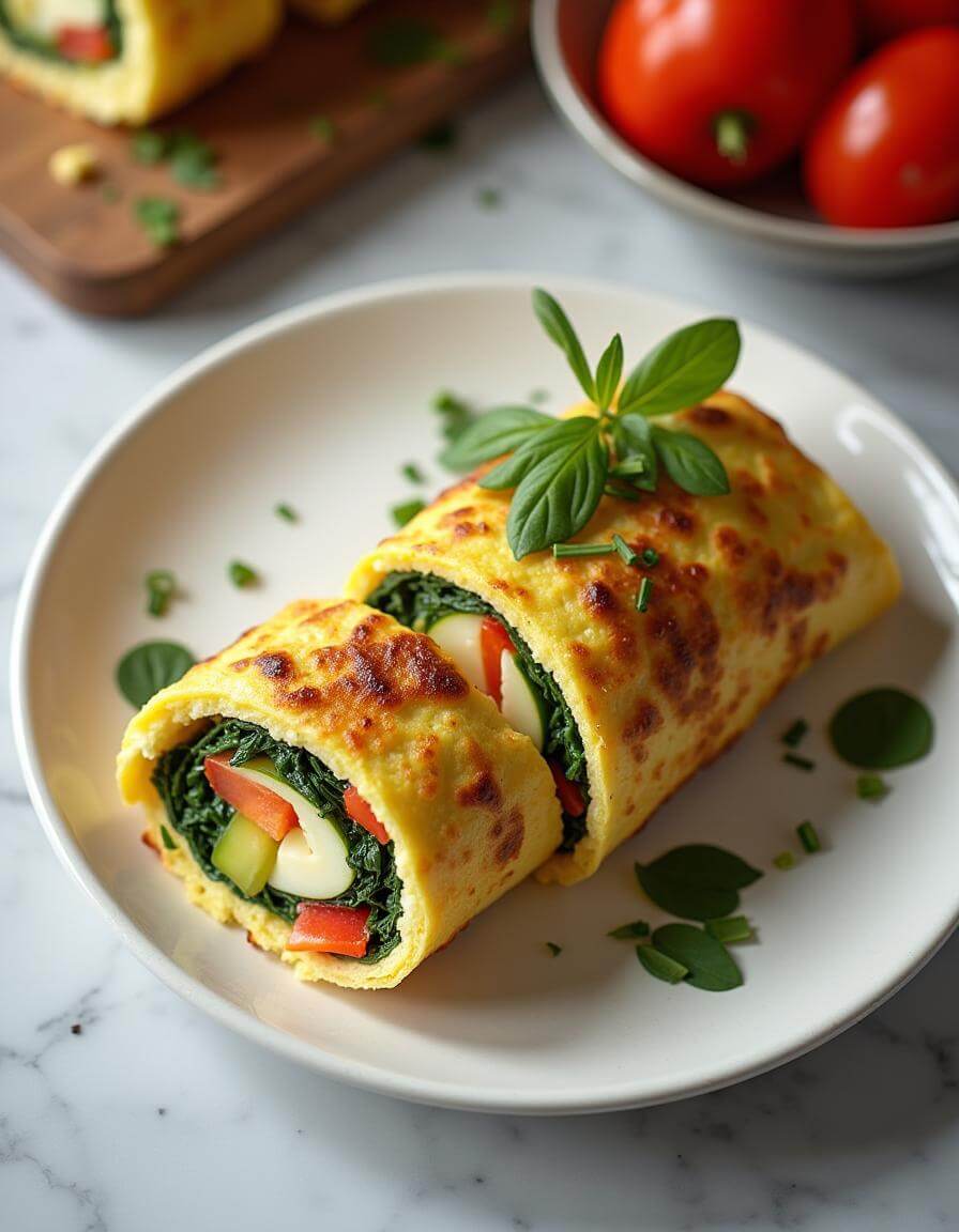 Veggie omelette roll slices on a white plate with fresh herbs.