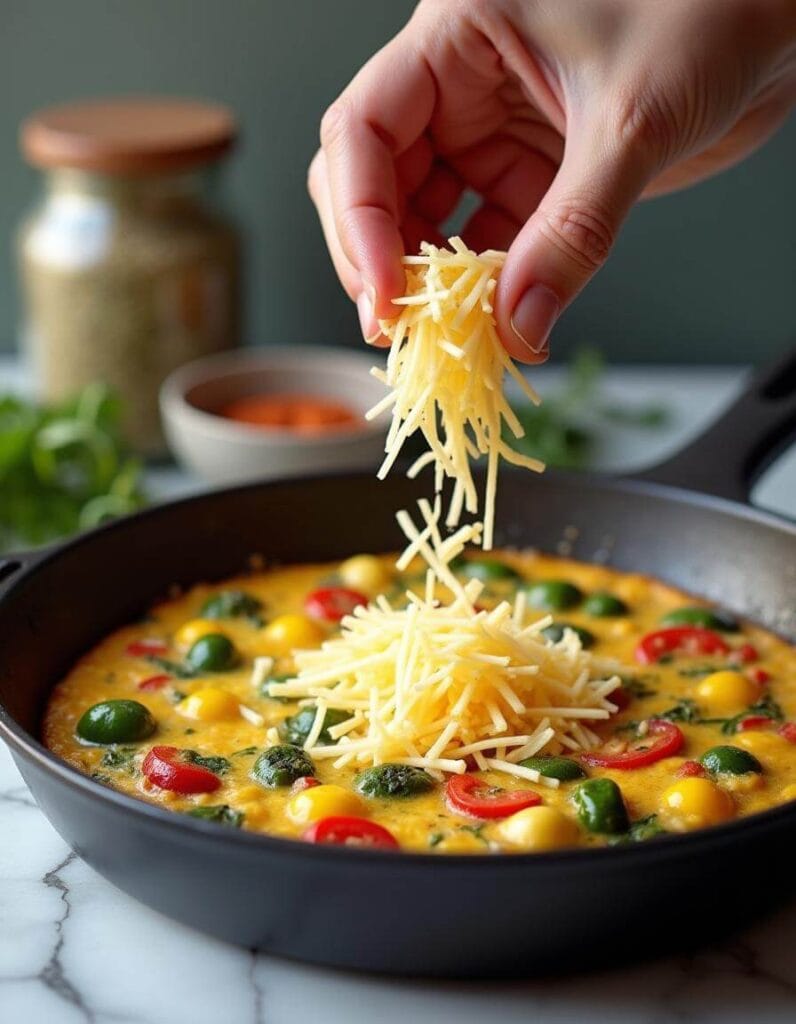 A hand sprinkling shredded cheese over a veggie omelette cooking in a black skillet, filled with cherry tomatoes, spinach, and herbs.