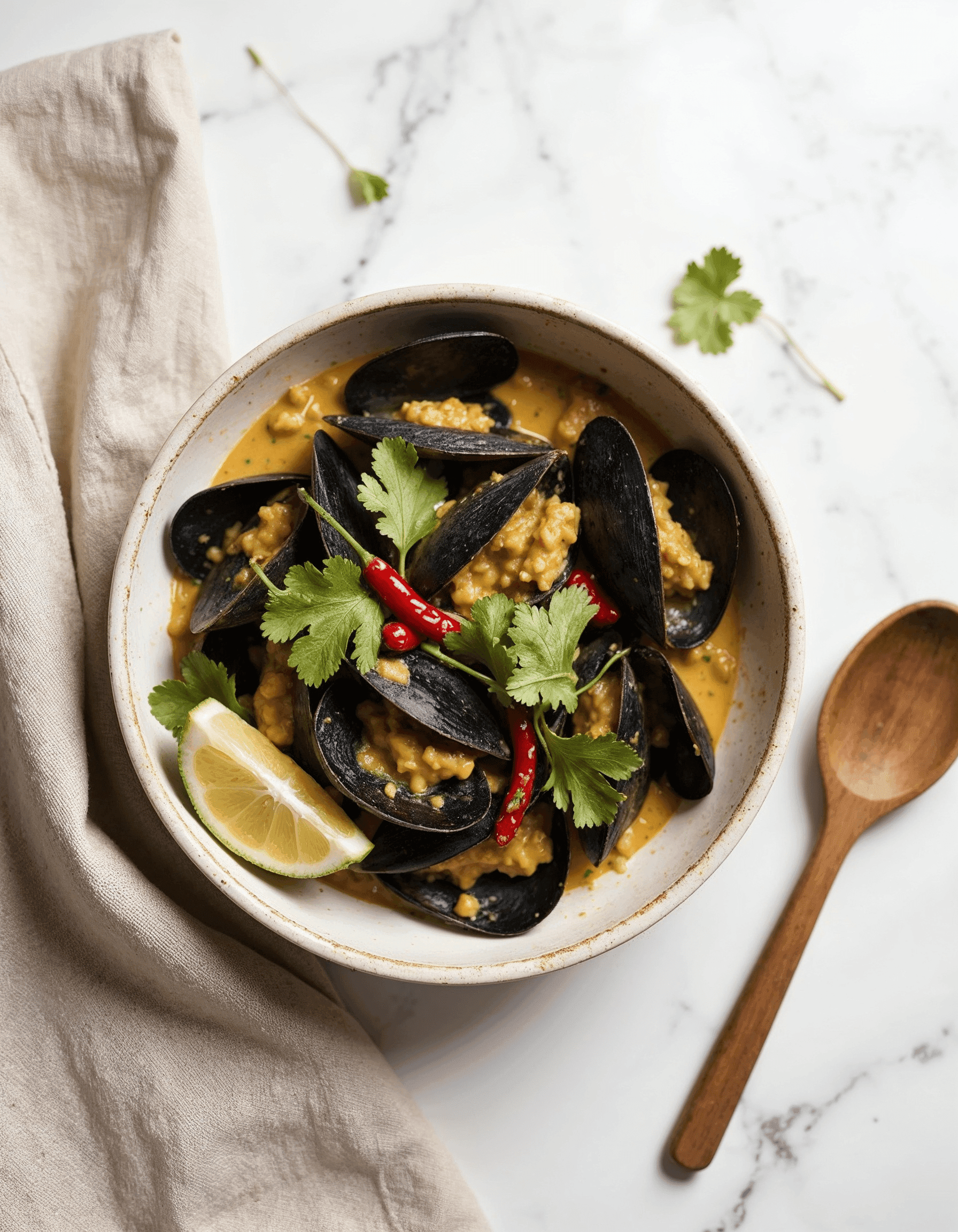 Final presentation of Thai Coconut Curry Mussels in a bowl.