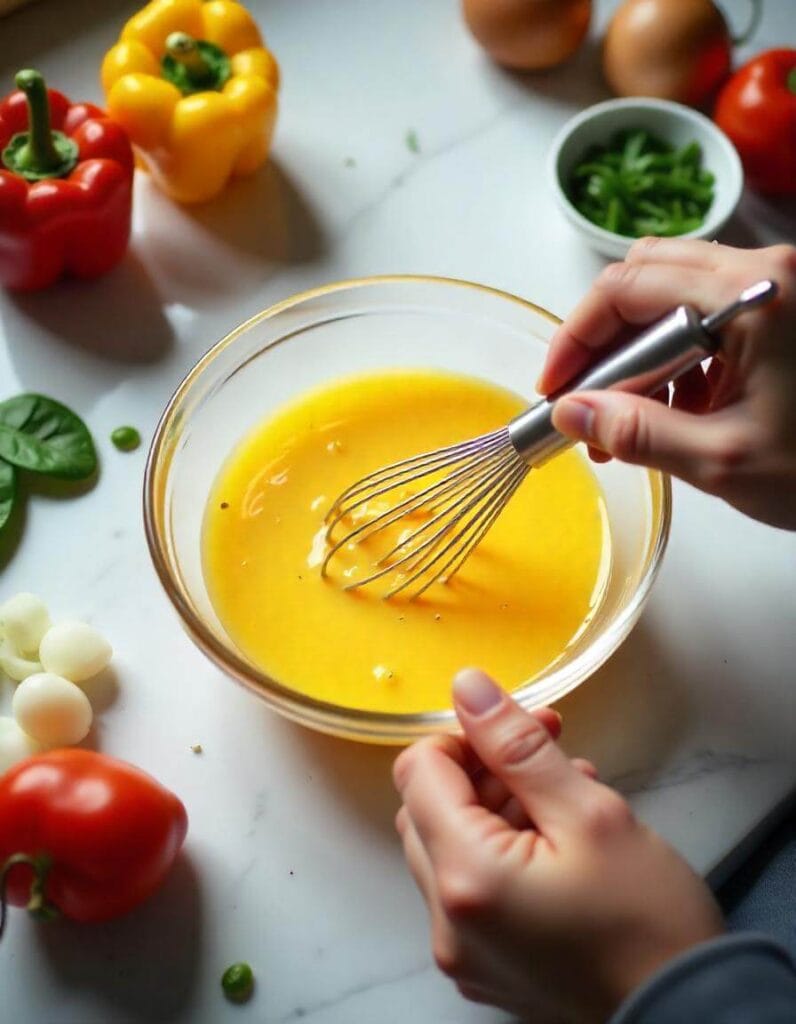 Hand whisking eggs surrounded by chopped veggies on marble.