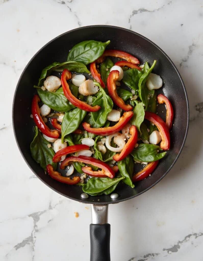 Vegetables sautéing in a pan on a marble surface.