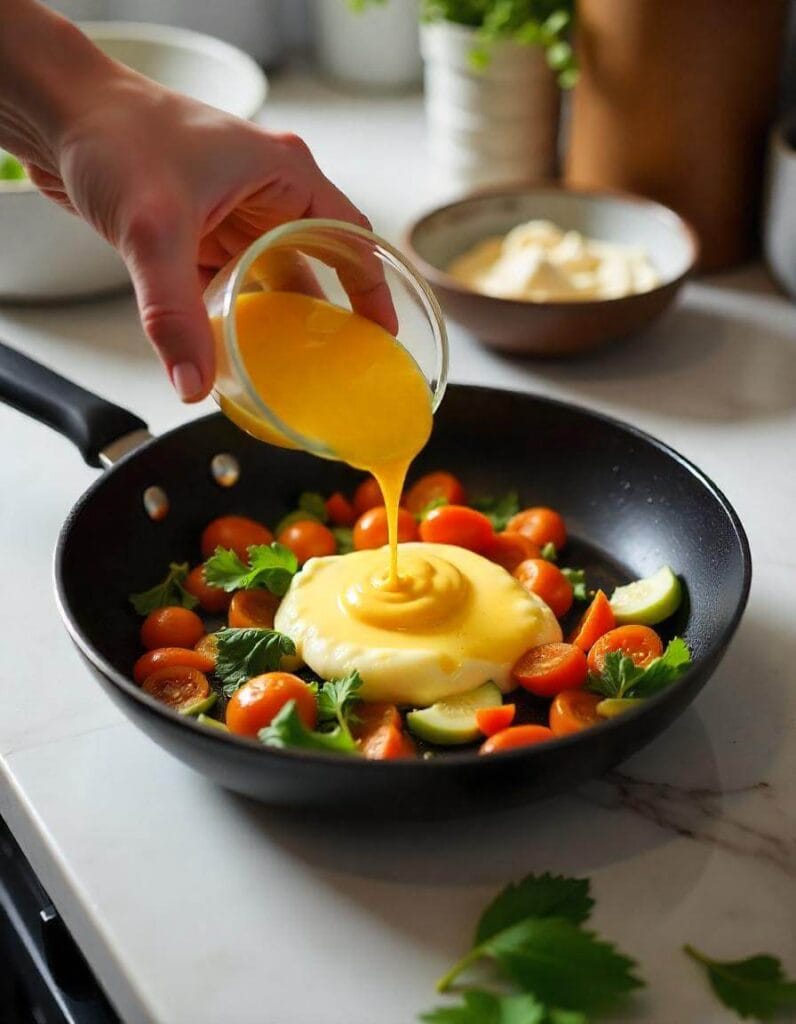 Hand pouring whisked eggs over sautéed vegetables in a pan.