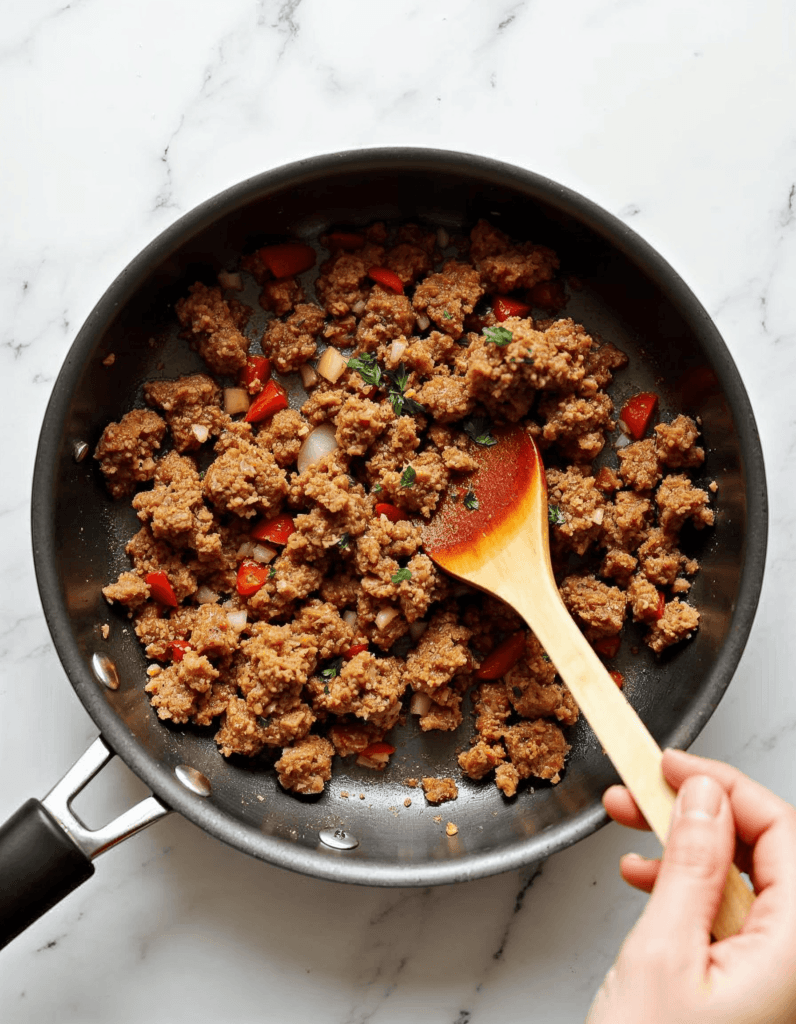 Cooking the stuffing mixture for Roasted Stuffed Bell Peppers.