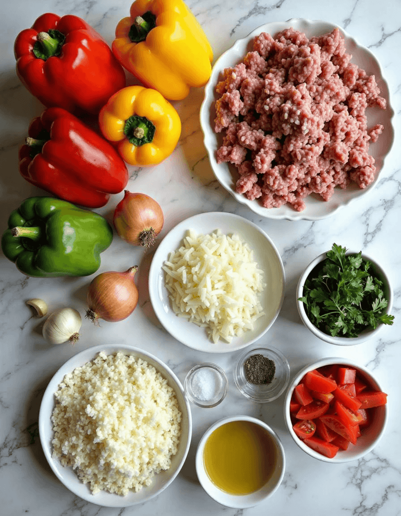 Fresh bell peppers, ground meat, onions, rice, cheese, and herbs arranged on a white marble surface.