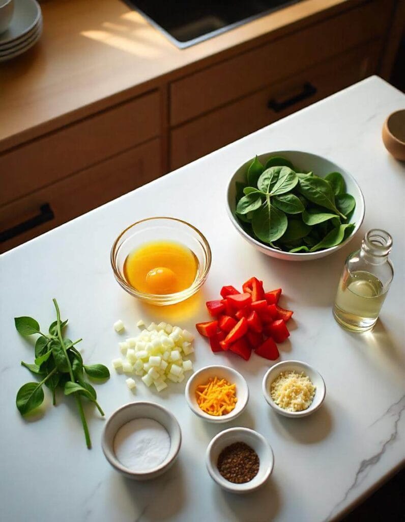 Fresh ingredients for a veggie omelette roll on a marble countertop.