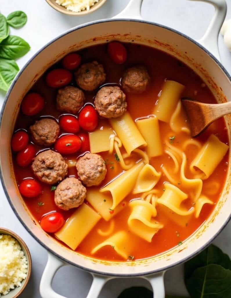 Tomato-based broth simmering in a pot with spinach and lasagna pasta added.