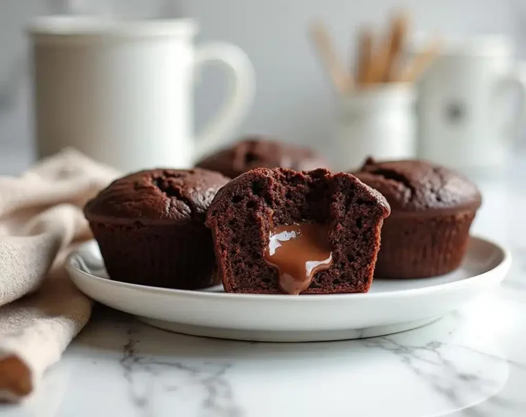 beautifully plated presentation of double chocolate muffins, showcasing their moist texture and gooey chocolate filling in a bright, modern kitchen.