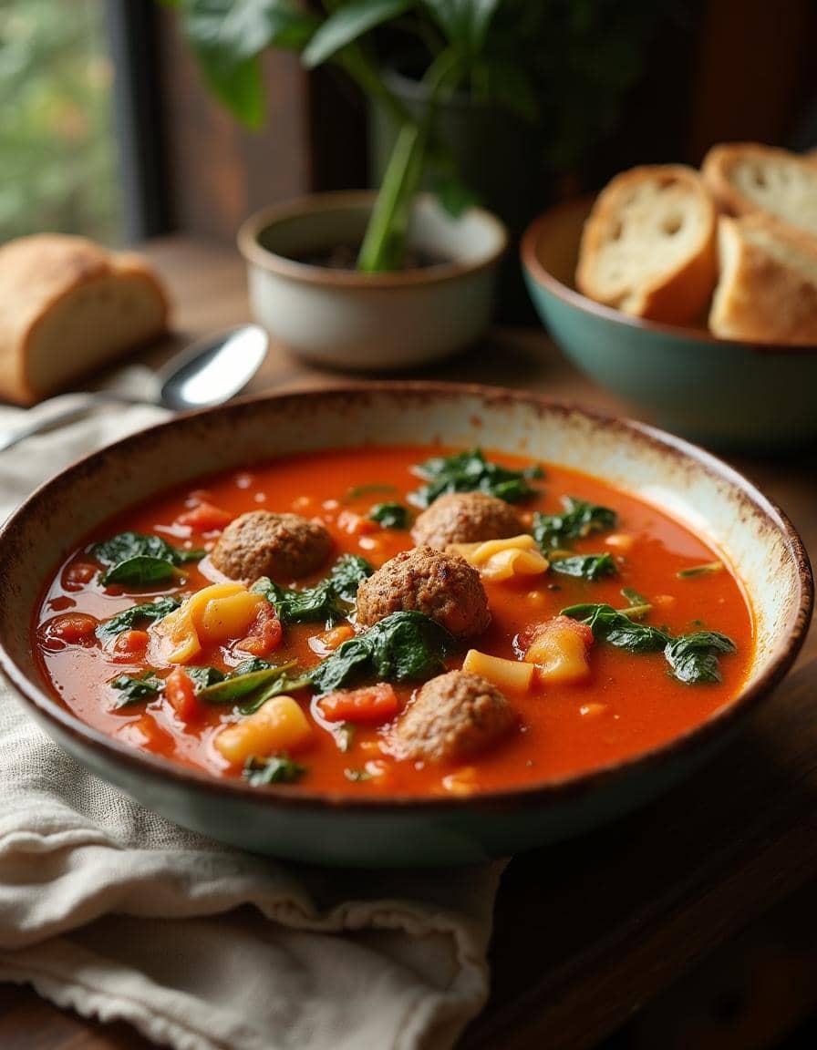 Bowl of Italian Wedding Lasagna Soup with meatballs, pasta, spinach, and tomato broth.