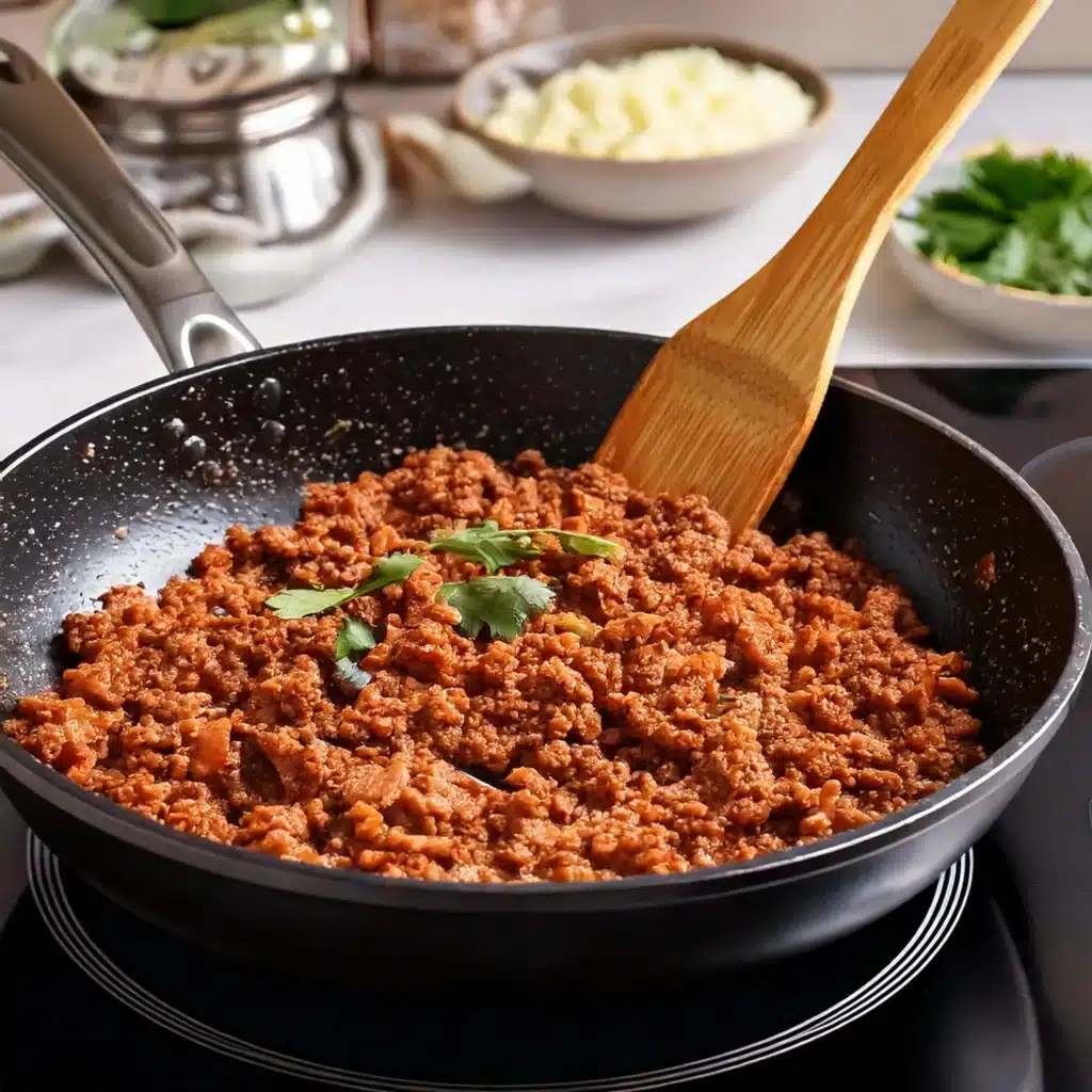 Ground beef in a skillet with tomato sauce and cilantro.