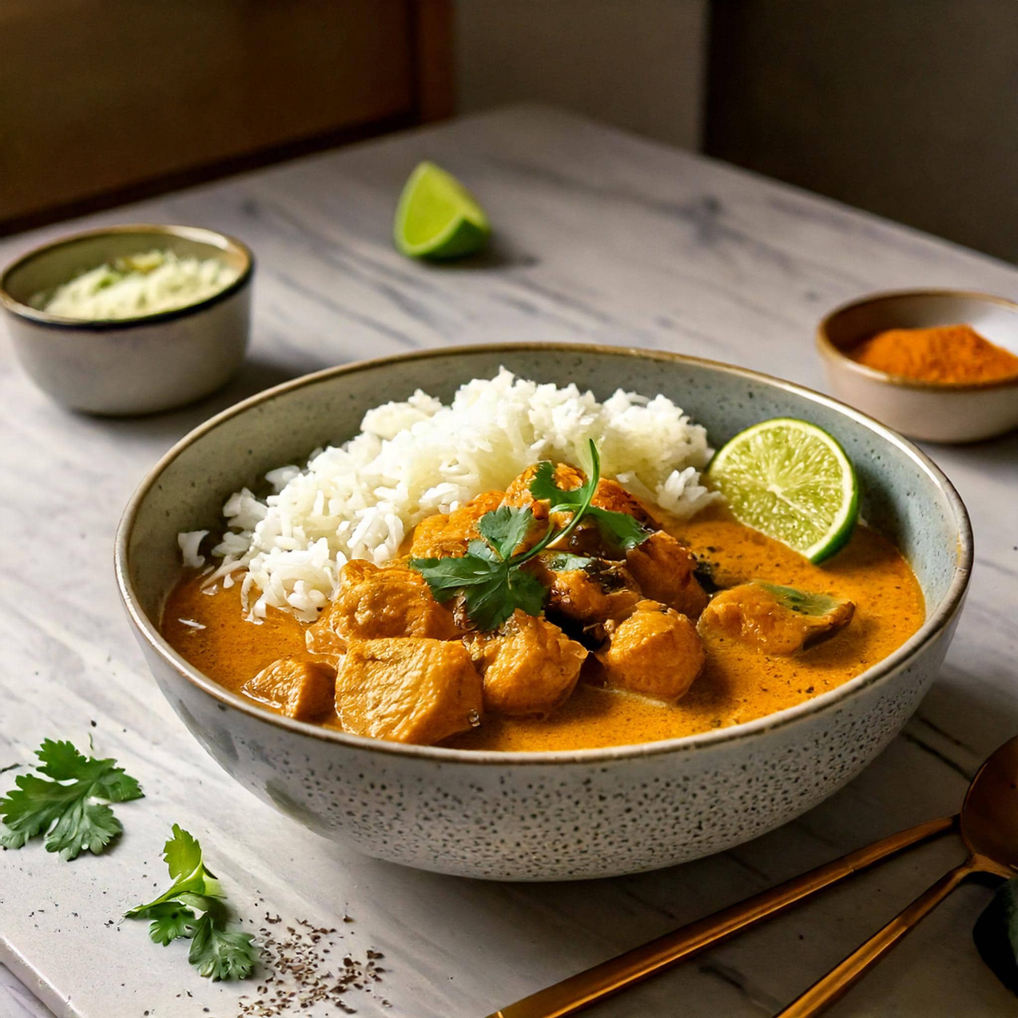 Finished Coconut Chicken Curry served with steamed jasmine rice, garnished with cilantro and lime.