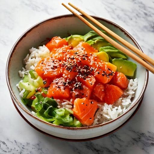 Finished salmon rice bowl with seared salmon, rice, avocado, sesame seeds, and soy sauce drizzle.