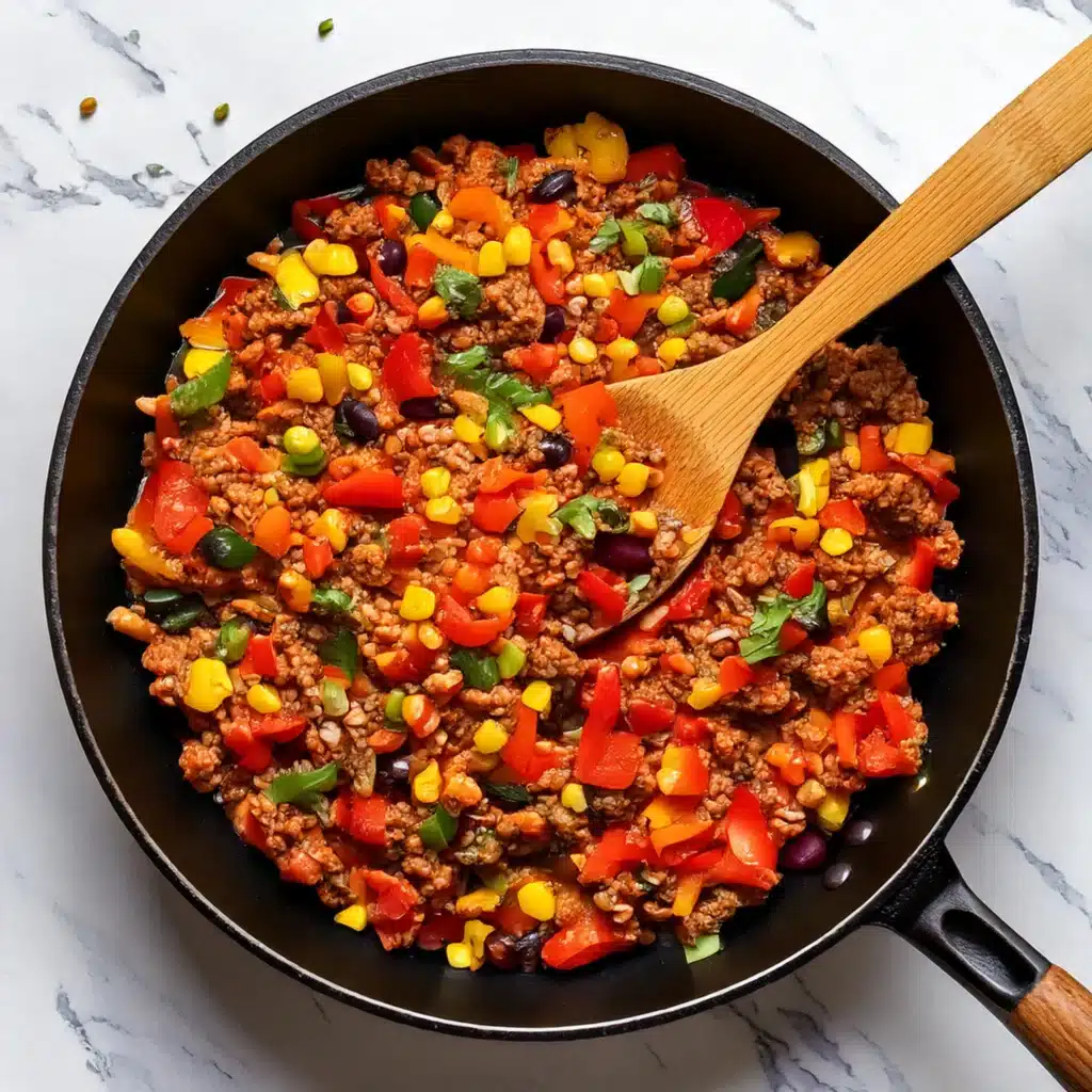 Ground beef, beans, and vegetables in a skillet.