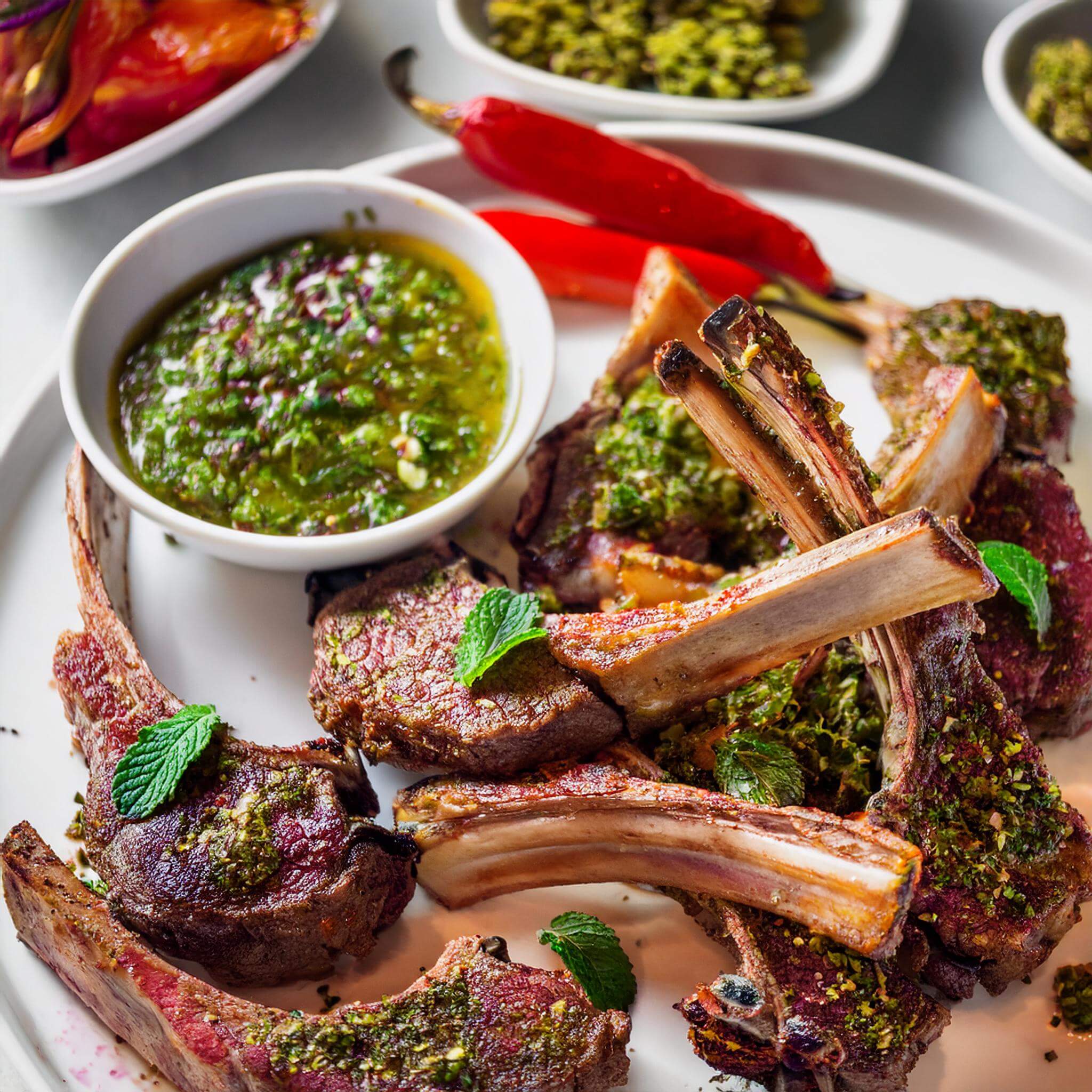 Lamb chops plated with chimichurri sauce, mint leaves, and red chilies.