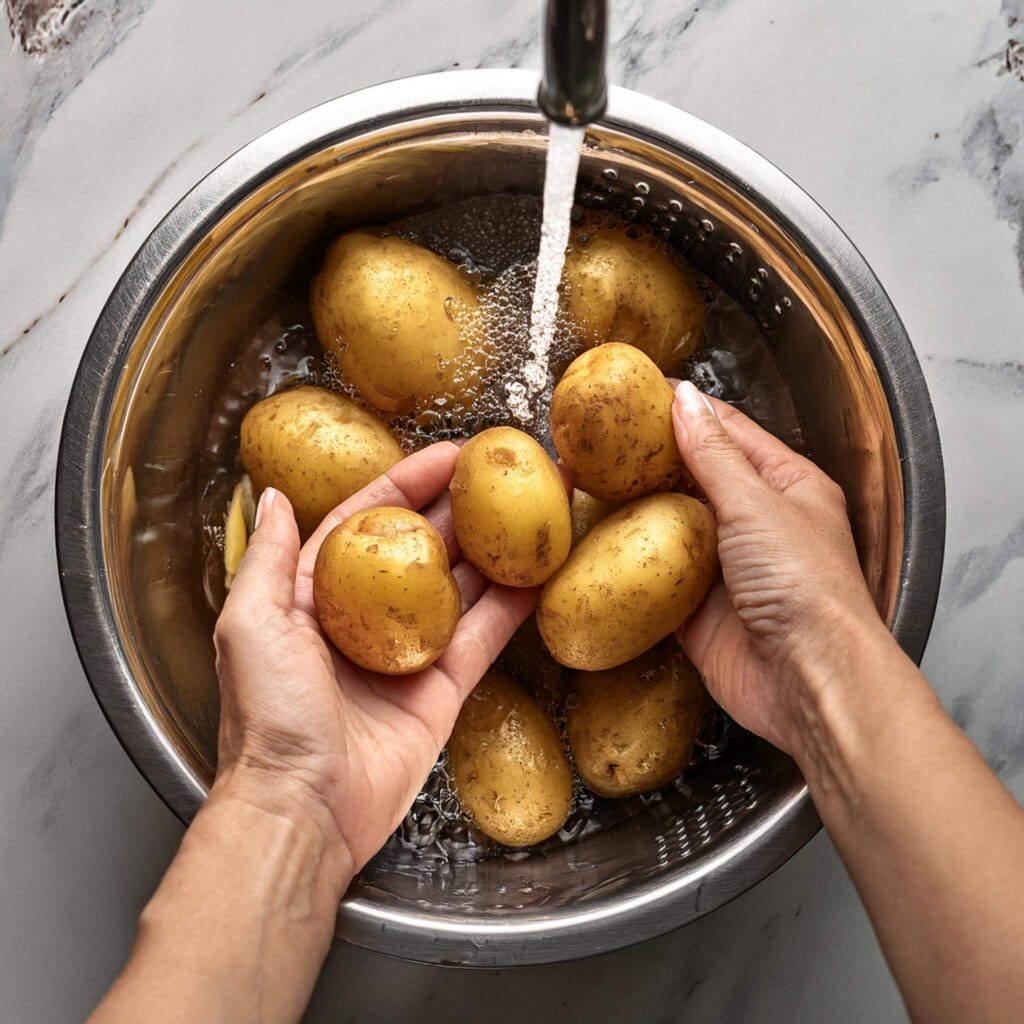 Washing fresh potatoes in a stainless steel bowl under running water.