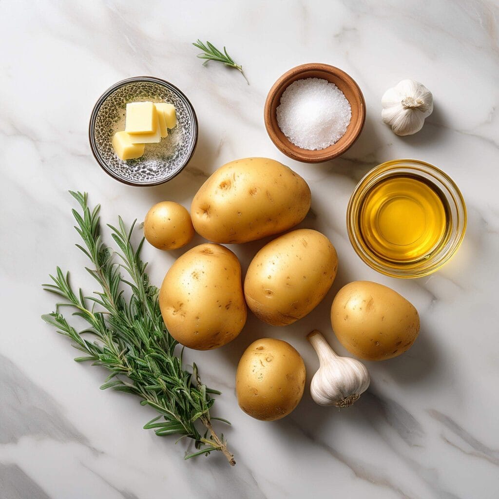 Fresh potatoes with olive oil, butter, garlic, rosemary, and salt on a marble surface.