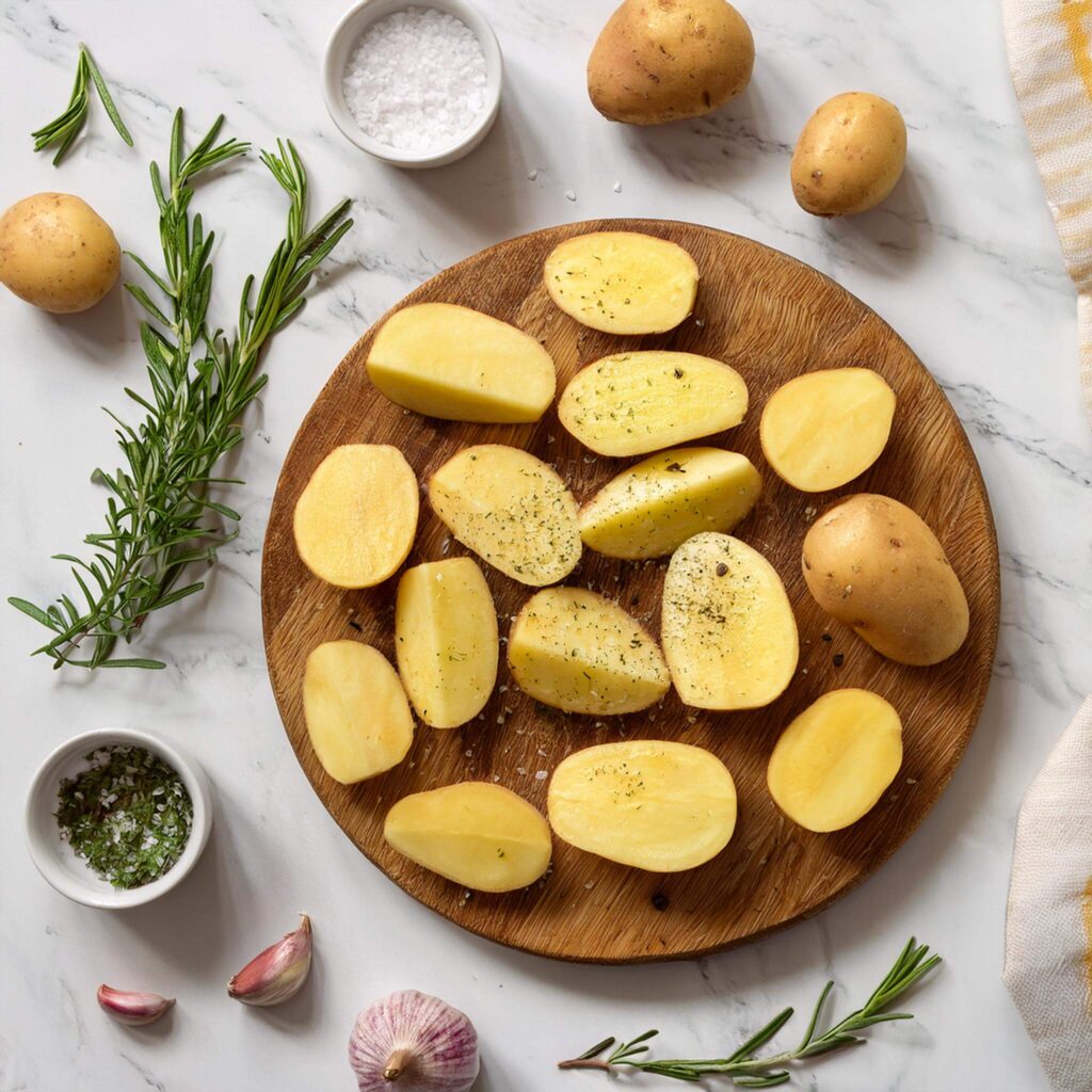 Halved potatoes seasoned with salt and pepper, displayed on a wooden board with garlic and rosemary.