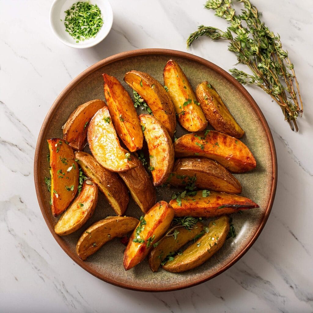 Roasted potato wedges garnished with fresh herbs, served on a ceramic plate.
