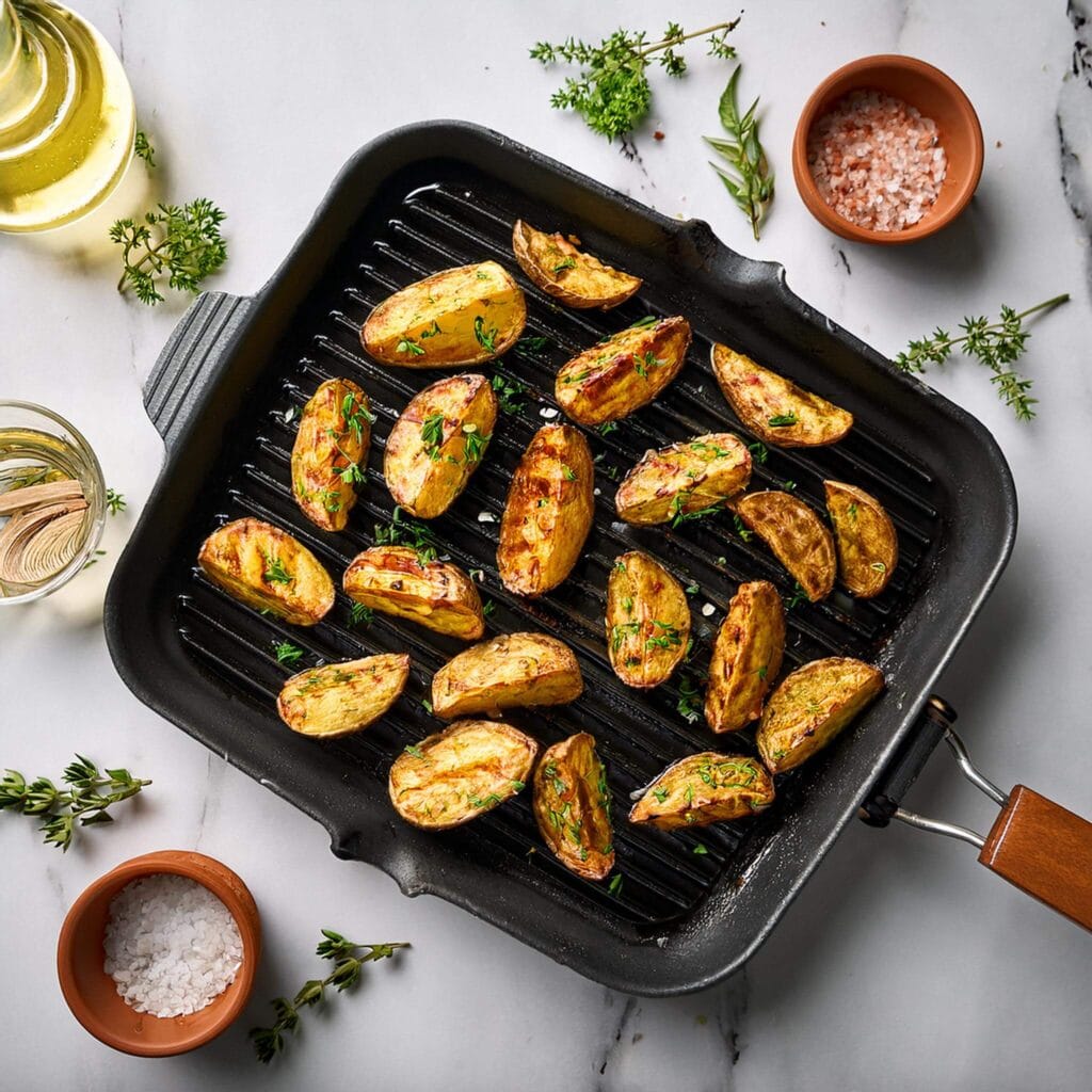 Grilled potato wedges on a cast iron grill pan, garnished with fresh herbs.