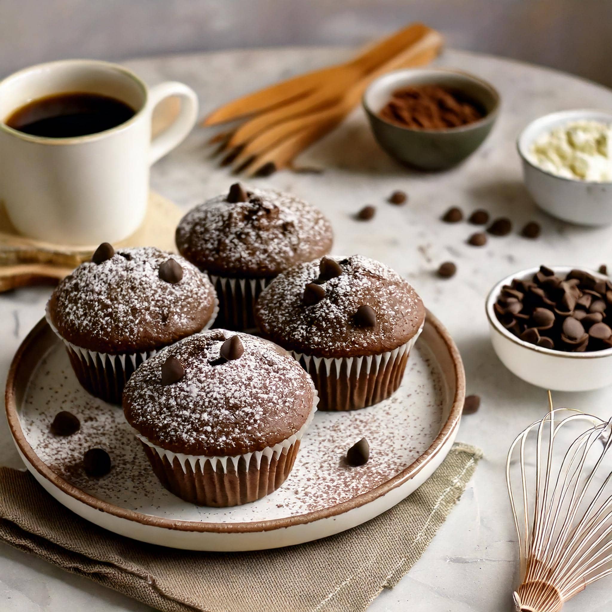 Plated chocolate muffins with powdered sugar and chocolate chips in a warm rustic kitchen.