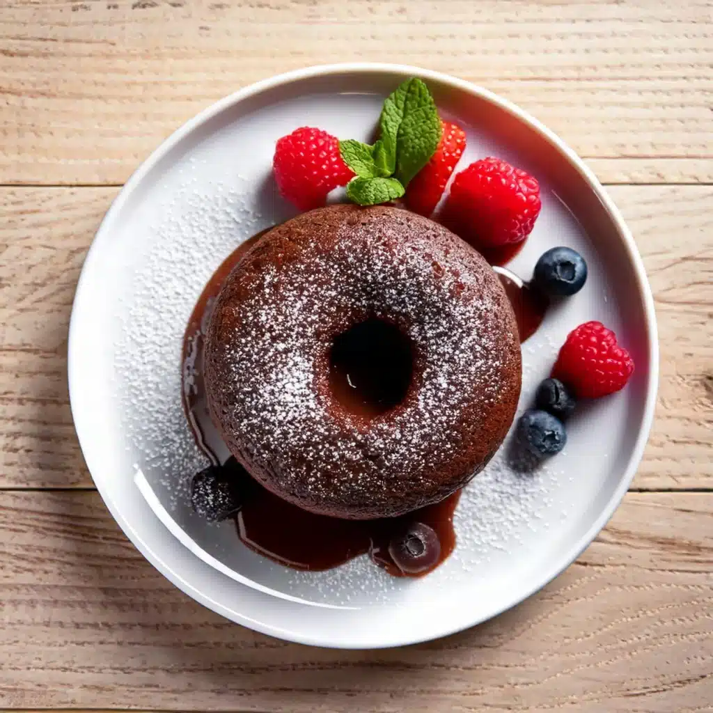 A molten chocolate lava cake garnished with powdered sugar, fresh raspberries, blueberries, and a sprig of mint on a white plate.