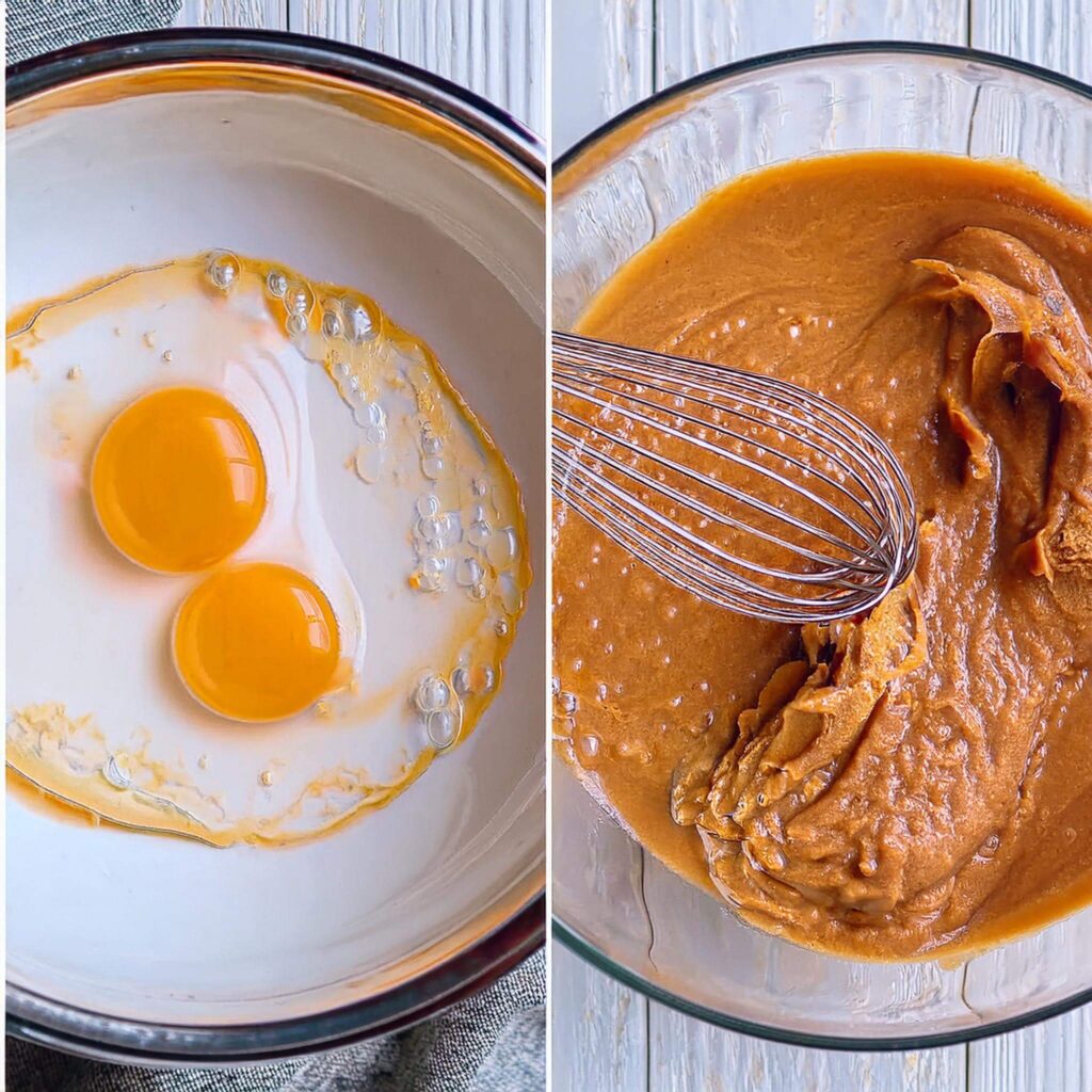 Bowl of eggs and whisked pancake batter ready for cooking.