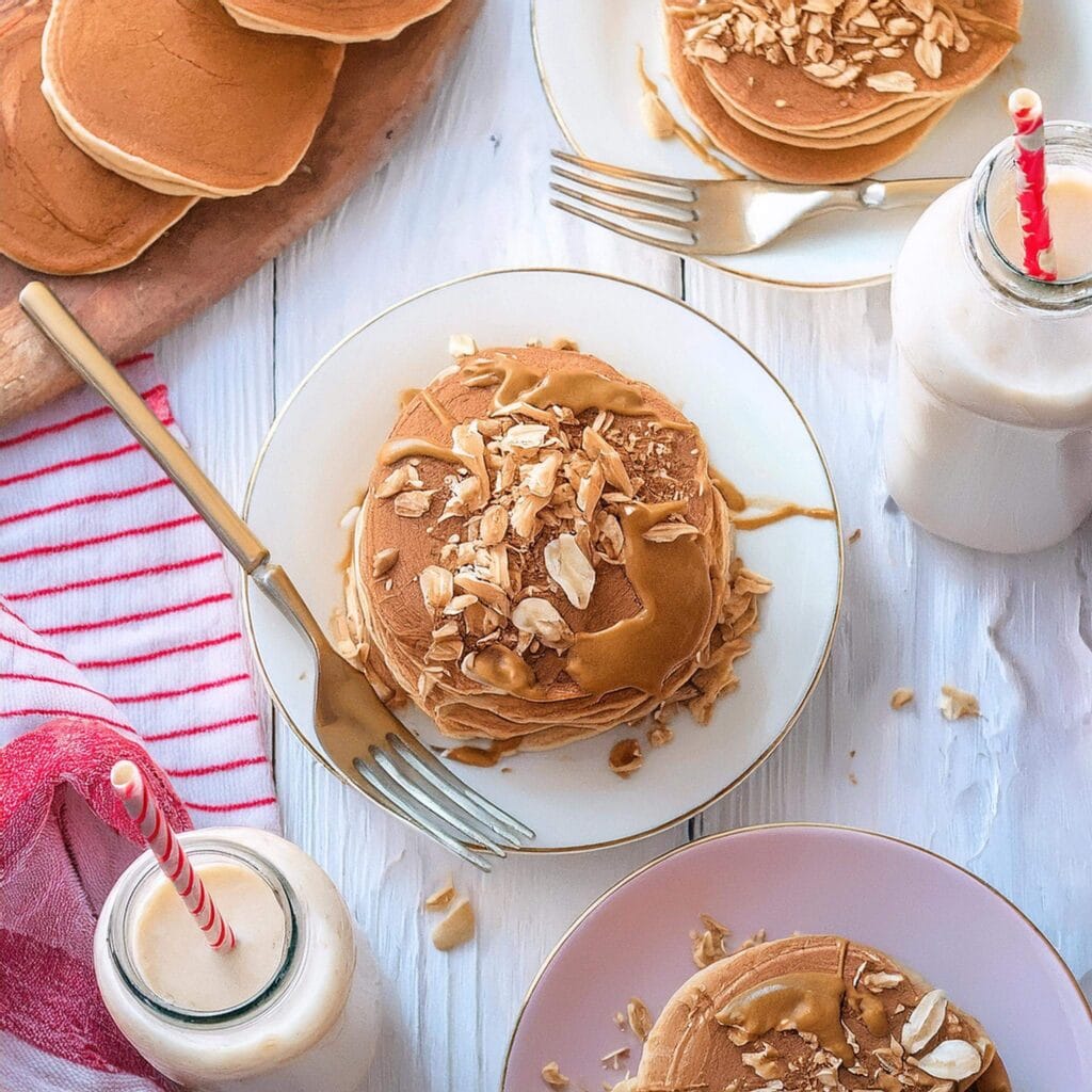 Stack of pancakes topped with peanut butter and granola, served with bottles of milk.