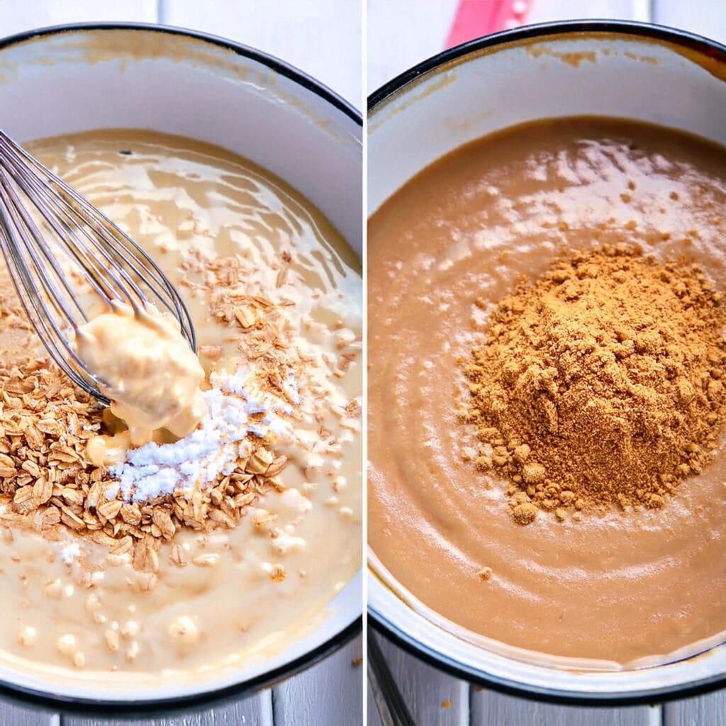 Adding granola and cinnamon to pancake batter while whisking.