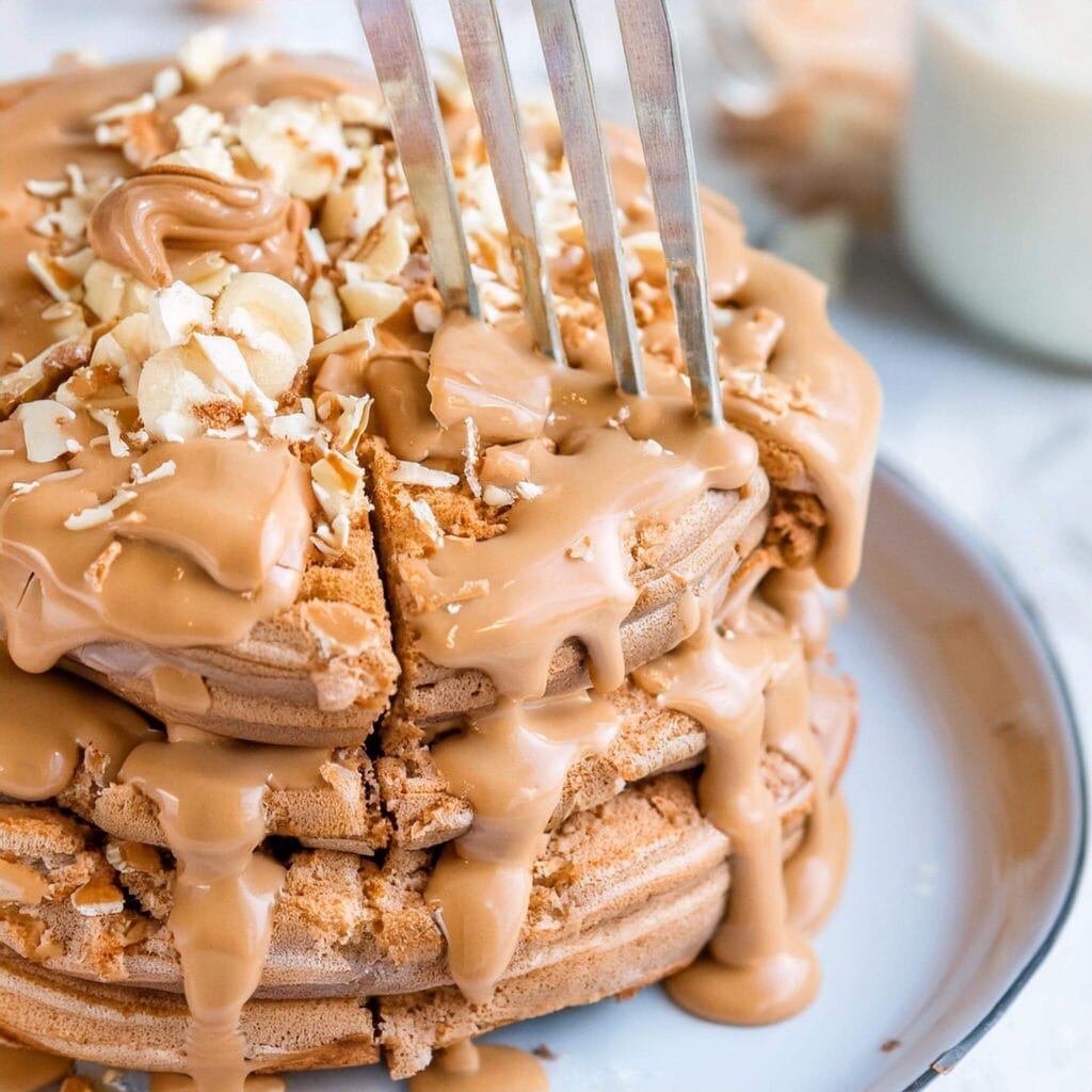 Stack of waffles topped with peanut butter, nuts, and syrup being cut with a fork.