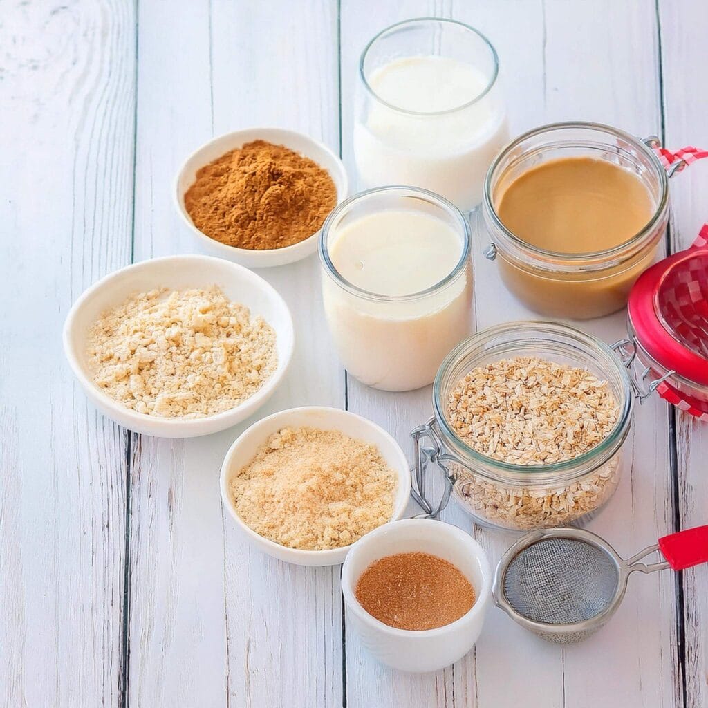 Ingredients for pancakes, including milk, oats, flour, and brown sugar.