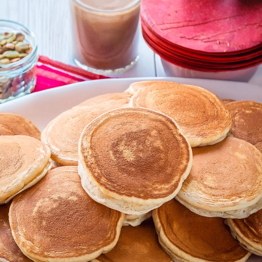 Freshly cooked pancakes stacked on a platter with red napkins in the background.