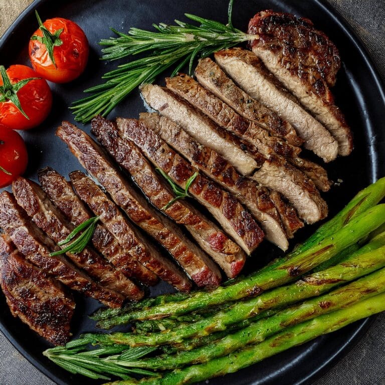 Sliced steak with grilled asparagus, cherry tomatoes, and fresh rosemary.