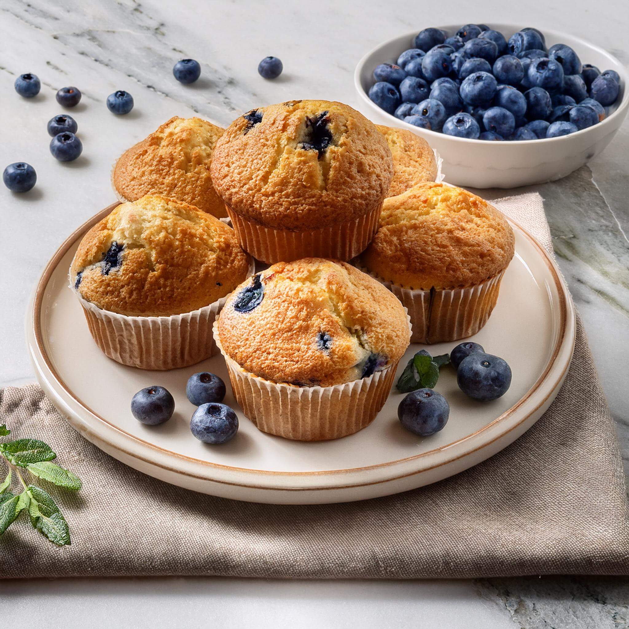 Plated blueberry muffins with powdered sugar and fresh blueberries on a marble surface.