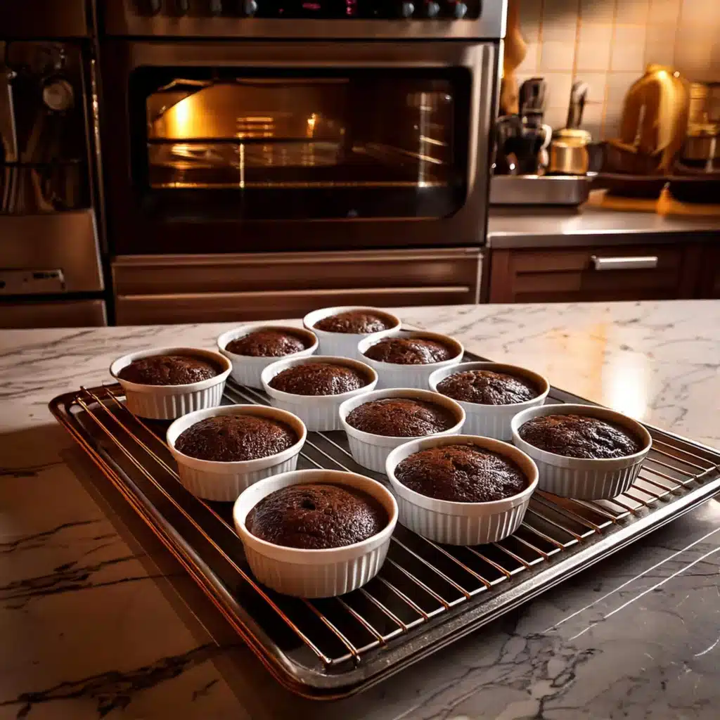 Baked molten chocolate lava cakes in ramekins cooling on a rack, with a rustic kitchen and an oven in the background. Title: Baked Molten Chocolate Lava Cakes Coolin